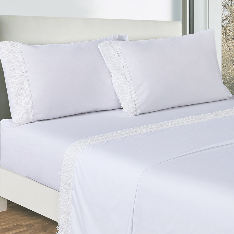 90GSM 100% polyester microfiber Sheet Set with Beautiful Lace White Full