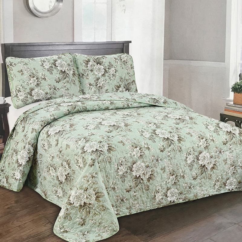 Reversible Quilt Coverlet Set Microfiber Lightweight Luxury Embroidery Bedspread 3-Piece Quilt Set EDEN SILVER