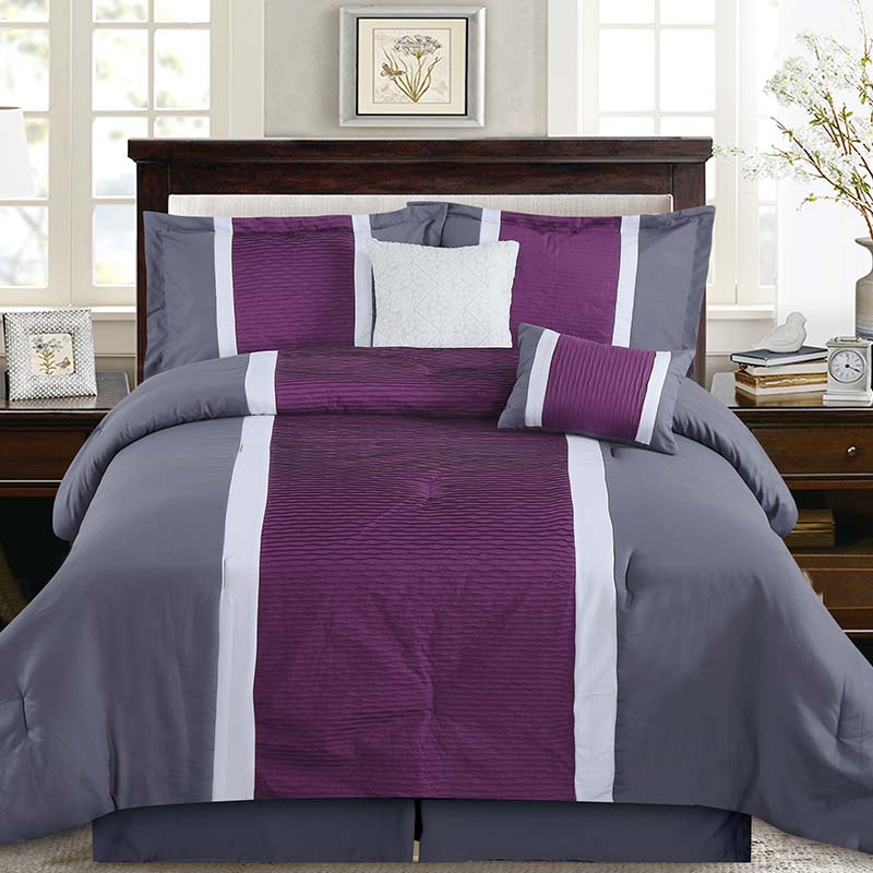 Grand Linen Modern 6 Piece Oversize PURPLEWHITEGREY Embroidered PLEATED PATCHWORK COMFORTER SETS Queen Size Bedding