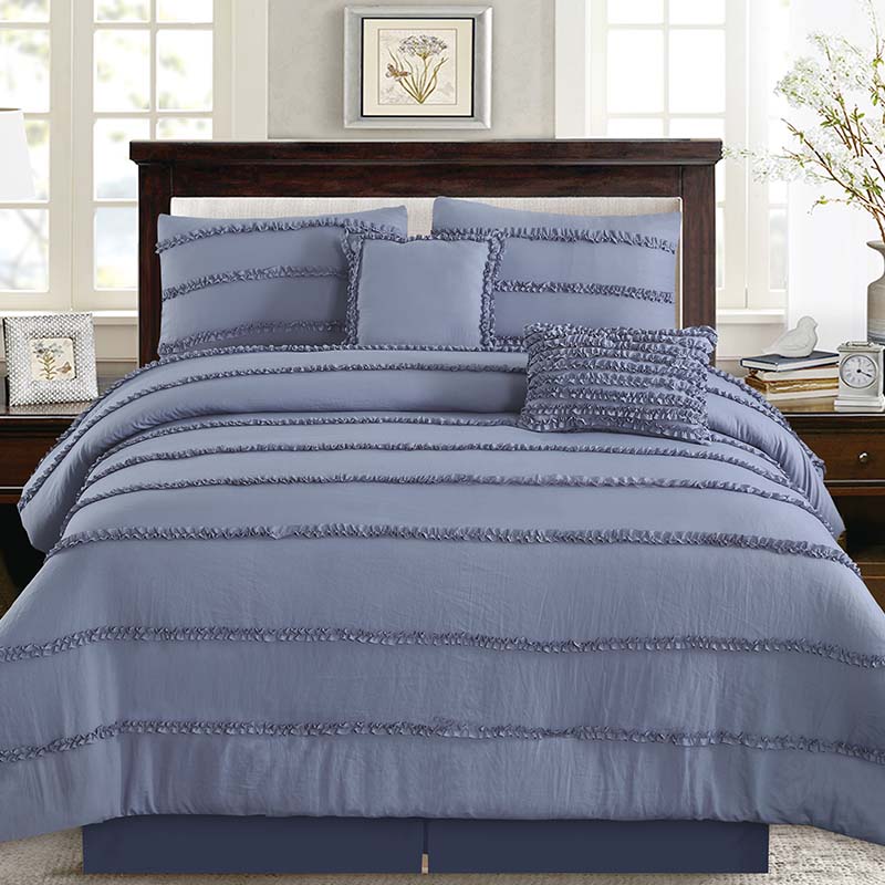 Solid Color Plum Down Alternative Ultra Soft Washed Microfiber Pom-poms Fringe 5-Piece Pinch Pleat Pintuck Comforter Set